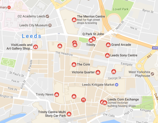 Map of shopping centres Leeds